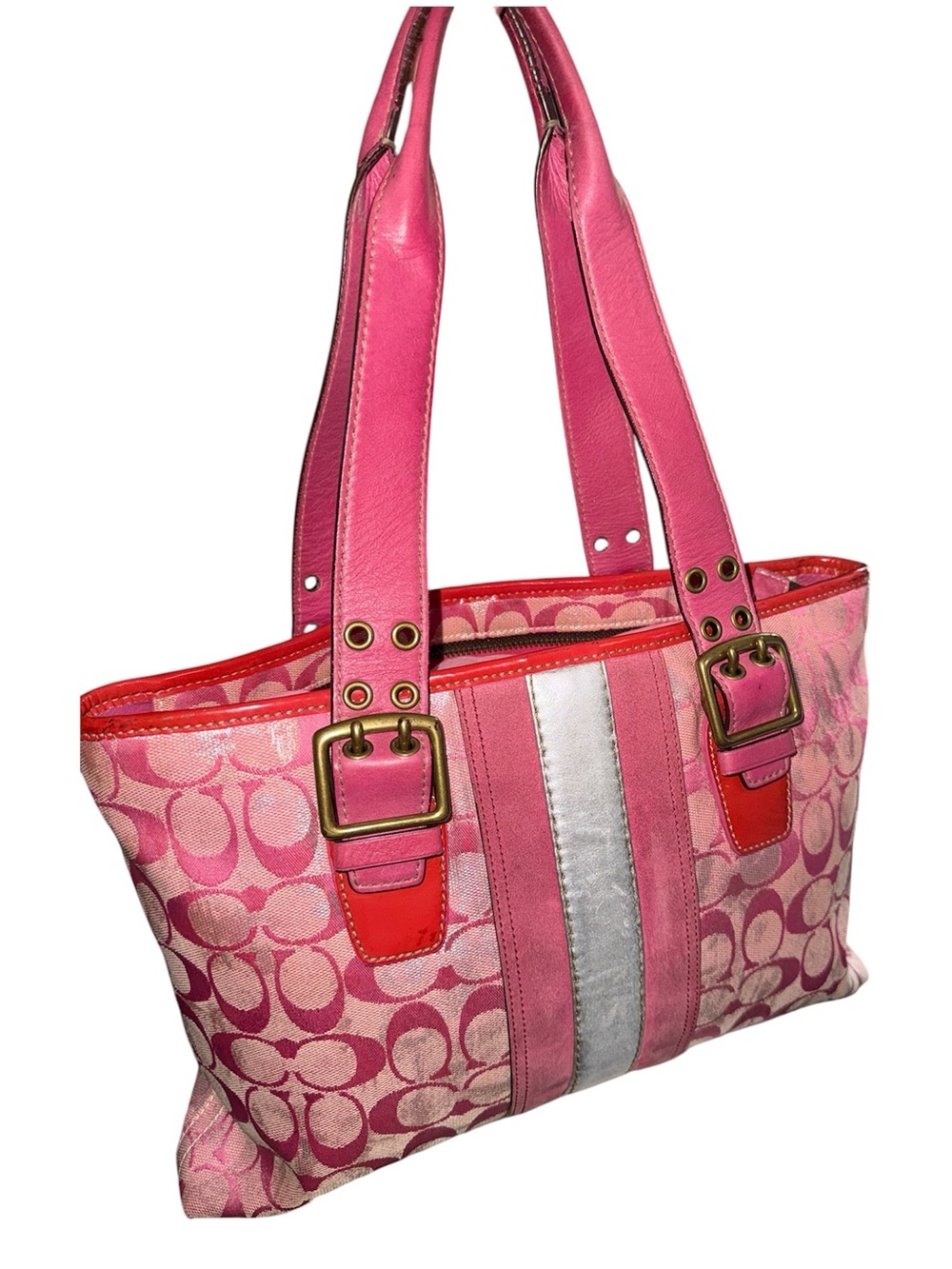 Coach Vintage Tie-Dye Signature Pink & Silver Metallic Medium Tote Y2K